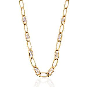 Colar Elo Oval com Zircônias Oval 45cm + 10cm de Extensor - Banho de Ouro 18k