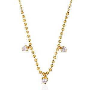 Colar 3 Corações Zircônia com Corrente Bolinha 45cm - Banho de Ouro 18k