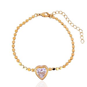 Pulseira Medalhas com Coração Zircônia 16cm - Banho de Ouro 18k