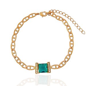 Pulseira Piastrine com Zircônia Quadrada Esmeralda e Micro Zircônias 17cm - Banho de Ouro 18k
