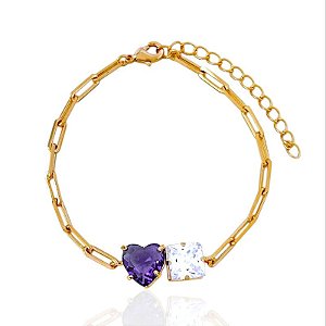Pulseira Coração Lilás e Zircônia Quadrada Elo Cartier 17cm - Banho de Ouro 18k