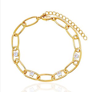 Pulseira Elo Oval com 4 Zircônias Quadrada Centro 16cm - Banho de Ouro 18k