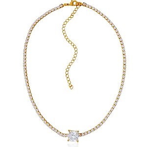 Colar Riviera Cristal com Zircônia quadrada 32cm + 10cm de Extensor - Banho de Ouro 18k