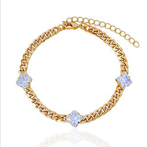 Pulseira Elo Grumet com 3 Zircônia Quadrada 16cm - Banho de Ouro 18k