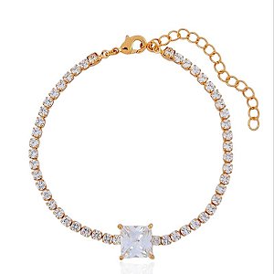 Pulseira Riviera com Zircônia Quadrada 19cm - Banho de Ouro 18k