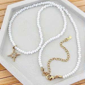 Colar Cristal Branco com Estrela Cadente 40cm + extensor de 7cm - Banho de Ouro 18k