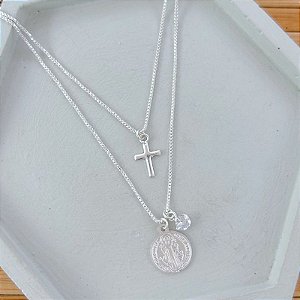 Colar Duplo com Cruz e Medalha de São Bento 45cm - Prata 925