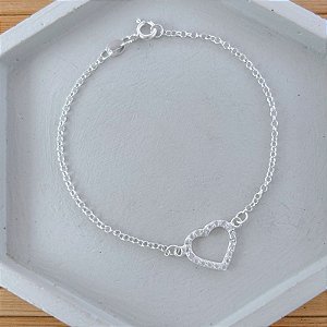Pulseira Coração Vazado Cravejado Elo Português 19cm - Prata 925