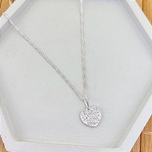 Colar Plaquinha Coração Cravejado Singapura 45cm - Prata 925