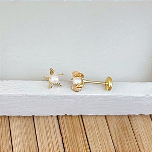 Brinco Infantil Flor Perola - Banho de Ouro 18k