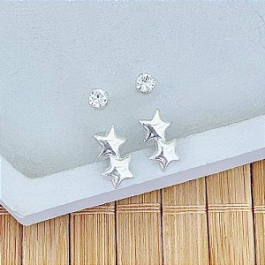 Brinco Duo Ponto de Luz e Estrela Dupla - Prata 925