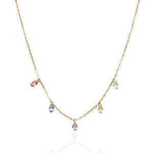 Colar Choker Elo Português e Cristais Coloridos 39cm - Banho de Ouro 18k