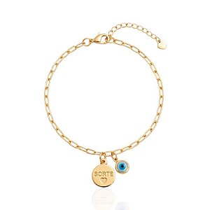 Pulseira Elo Cartier Plaquinha Sorte e Olho Grego - Banho de Ouro 18k