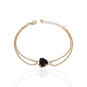 Pulseira Bolinha Coração Resina Preta Brilhante - Banho de Ouro 18k