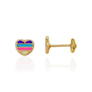 Brinco Infantil Coração Colorido Resinado - Banho de Ouro 18k