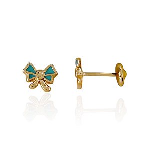 Brinco Infantil Laço Azul Resinado - Banho de Ouro 18k
