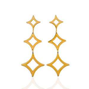 Brinco Longo 3 Estrelas de 4 Pontas Vazado 6,5cm - Banho de Ouro 18k