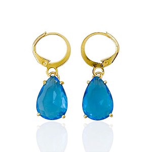 Brinco Argolinha com Pingente Gota Zircônia Azul - Banho de Ouro 18k