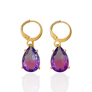 Brinco Argolinha com Pingente Gota Zircônia Roxa - Banho de Ouro 18k