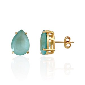 Brinco Gota Zircônia Azul Leitoso - Banho de Ouro 18k