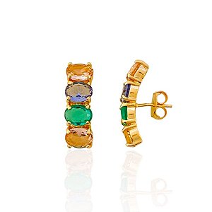 Brinco Ear Hook 4 Zircônias Ovais Coloridas - Banho de Ouro 18k