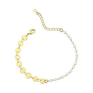 Pulseira Perolas e Plaquinhas 17cm - Banho de Ouro 18k