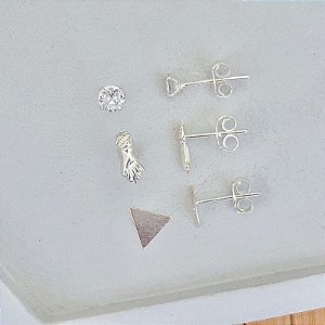 Brinco Trio Triângulo Liso, Ponto de Luz e Figa - Prata 925
