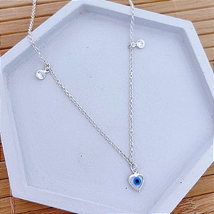 Colar Elo Português c/ Olho Grego e 2 Pontos de Luz 45cm + 6cm de Extensor - Prata 925