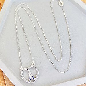 Colar Nossa Senhora Coração Vazado Cravejado Veneziana 45cm - Prata 925