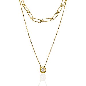 Colar Chocker Dupla Elo Longo e Veneziana com Ponto de Luz 37cm - Banho de Ouro 18k