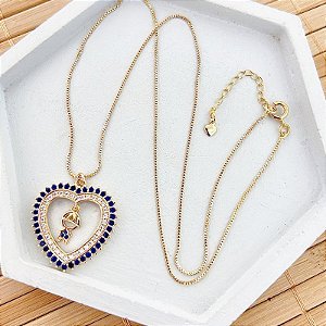 Colar Coração Cravejado com Menino 45cm - Banho de Ouro 18k