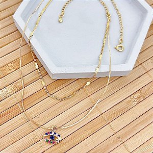 Colar Chocker Dupla Olho Grego Colorida 40cm - Banho de Ouro 18k