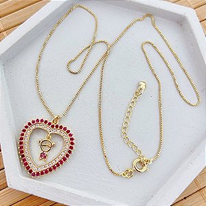 Colar Coração Cravejado com Menina 45cm - Banho de Ouro 18k