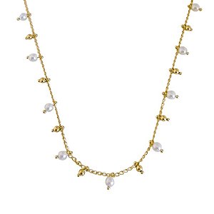 Colar Chocker Perolas e Bolinhas Penduradas 40cm - Banho de Ouro 18K