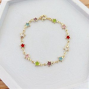 Pulseira Infantil Estrela Coloridas 15cm - Banho de Ouro 18k