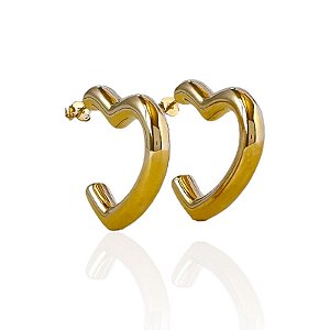 Brinco Argola Coração Grossa 3cm - Banho de Ouro 18k