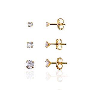 Brinco Trio Zircônia Redonda Cristal - Banho de ouro 18k