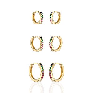Brinco Trio de Argolinha Cravejada Colorida - Banho de Ouro 18k