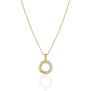 Colar Elo Português com Círculo Liso e Cravejado 40cm - Banho de Ouro 18k