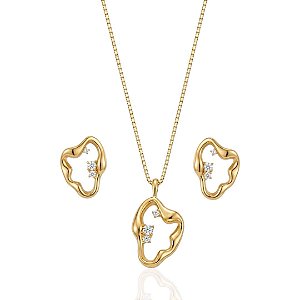 Conjunto Colar + Brinco Organico com Zircônia 45cm - Banho de Ouro 18k