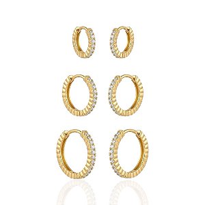 Brinco Trio de Argolinha Cravejada Cristal - Banho de Ouro 18k