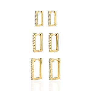 Brinco Trio de Argolinha Retangular Cravejada - Banho de Ouro 18k