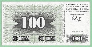 100 Dinara FE 1992  Bósnia e Herzegóvina Europa