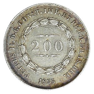 200 Réis 1855 Império Coroa c/Perolas Prata Cat. P573a