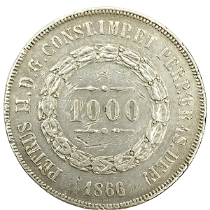 1000 Réis 1866 MBC/SOB Império Prata: 0.917 P-614