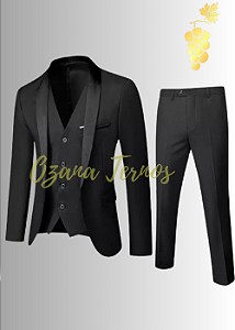 Terno Noivo Smoking Preto Gola Summer Preto Acetinado.