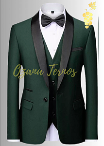 Terno Noivo Smoking Verde Gola Summer / Gola Shawl Preto Acetinado
