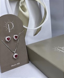 Conjunto de Prata Cravejado Colar e Brincos Pink