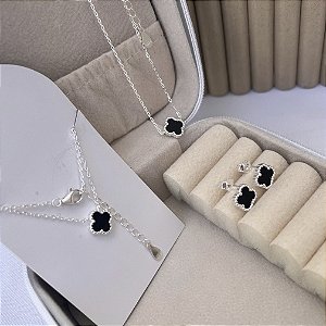 Conjunto Ou Avulso Trevo Preto Colar Brinco Pulseira Prata 925