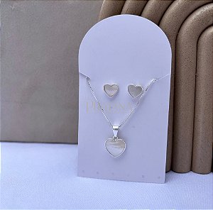 Conjunto de Prata Colar e Brincos Coração Madrepérola